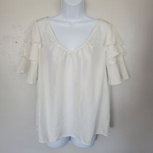 Club Monaco Women's Medium White Blouse Half Sleeve Ruffle 100% Silk Top